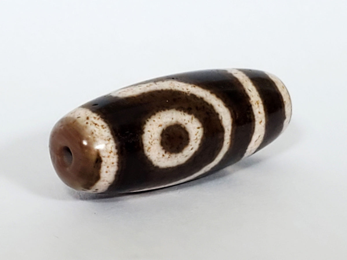 Antique Qing Dynasty two-eye dzi bead, dark brown agate, white etched circles, stripe pattern, visible drill hole, aged patina