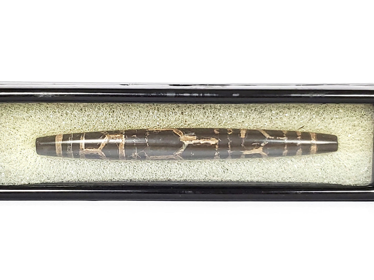 Ac-062926-3LG face A, pitch-black agate, warm-tan triple longevity cells, 75.3×8.2mm ancient dzi, unretouched