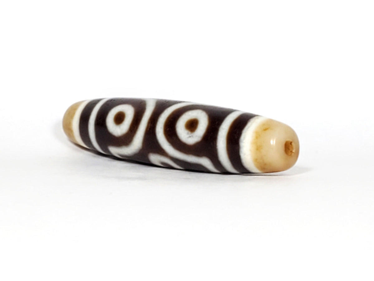 Face A, two open C-ring eyes + scroll):
Antique six eye dzi At-053026-6E, Face A, two open C-ring eyes with scroll connector on deep brown agate, honey-gold end caps, 54.9mm × 12.3mm, unretouched