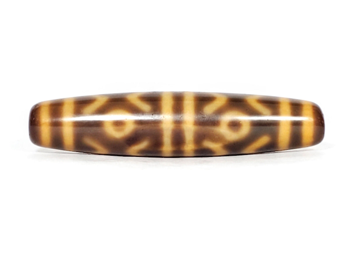 At-053126-6ETT, angled view showing honey-gold end cap and drilled hole, six eye tiger tooth motif, unretouched