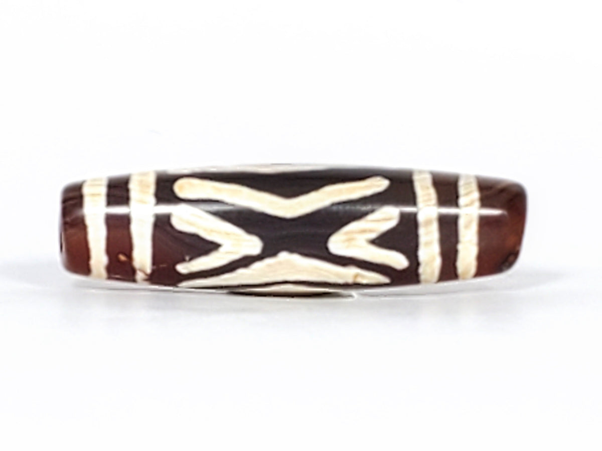 Antique carnelian dzi bead, two diamond eye and tiger tooth motif, cream etched patterns, brown agate, visible drill hole