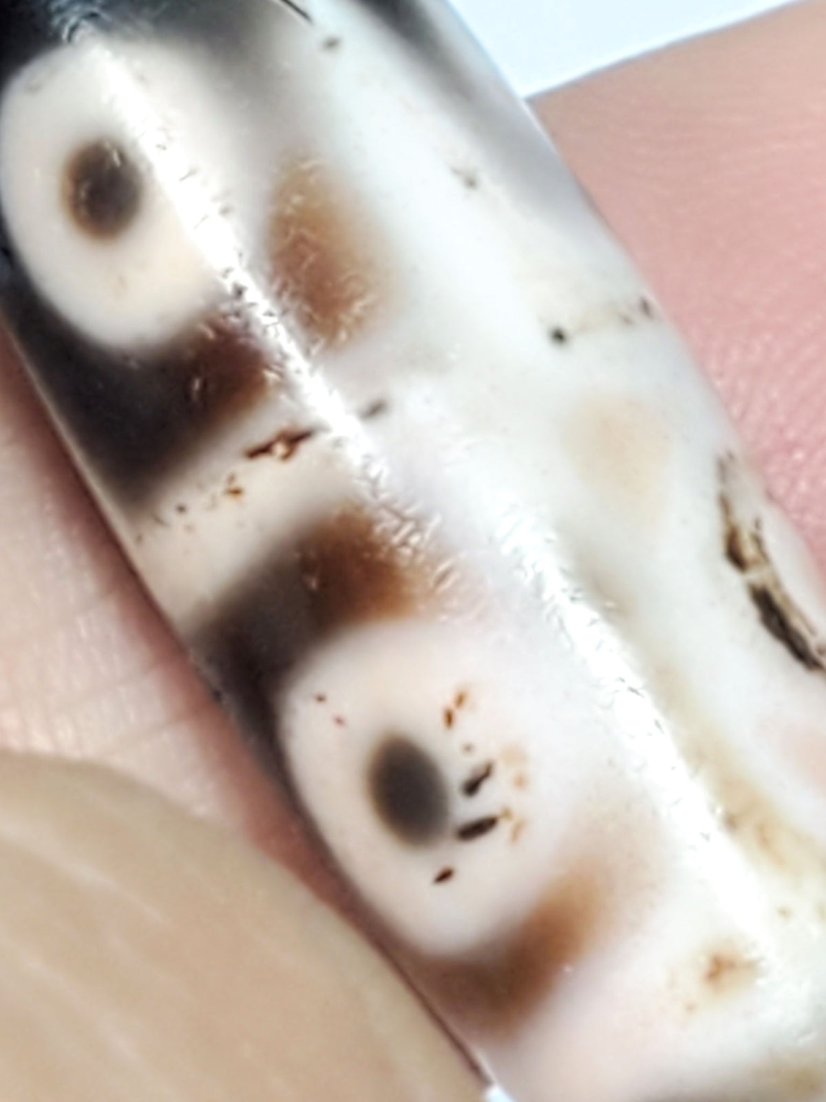 Six-eye dzi bead, pale warm-brown agate with cinnabar bloodspots, 35mm, natural patina