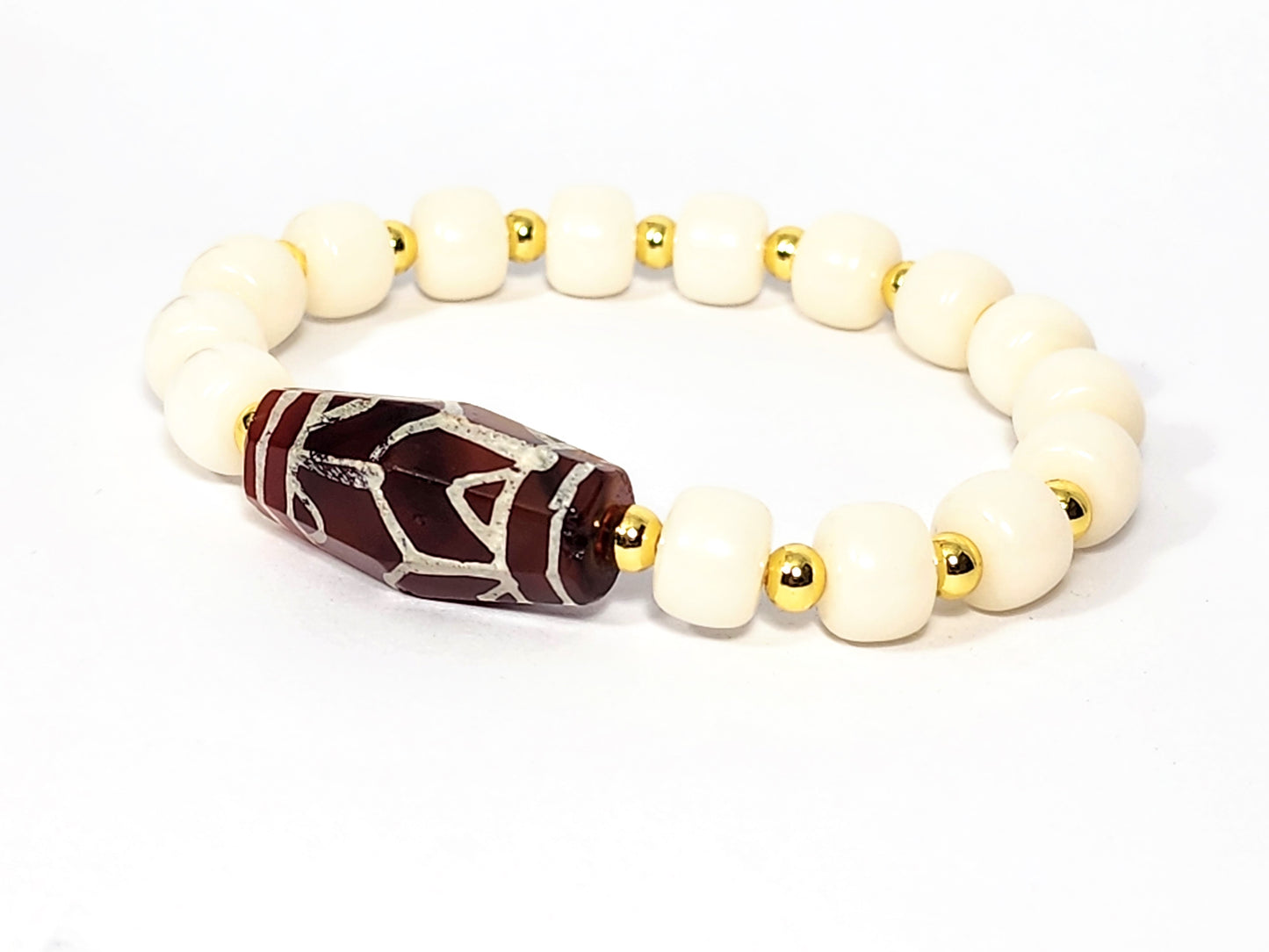 Ancient Lotus & Tiger Tooth Motif Carnelian Dzi Bracelet (040725)