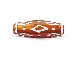 Ancient carnelian dzi bead, hexagonal shape, white etched diamond eye and star motifs, warm orange-brown agate, visible drill holes