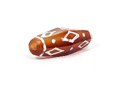 Ancient nine-eye carnelian dzi bead, hexagonal shape, brown agate with white diamond eye motifs, aged patina, visible drill hole