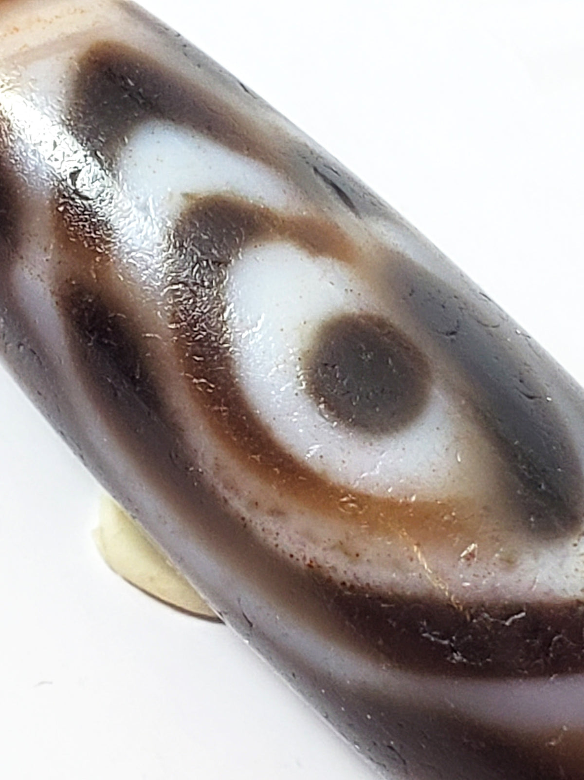 Ancient Tibetan dzi bead double heaven's gate motif brown white agate bloodspots aged patina surface
