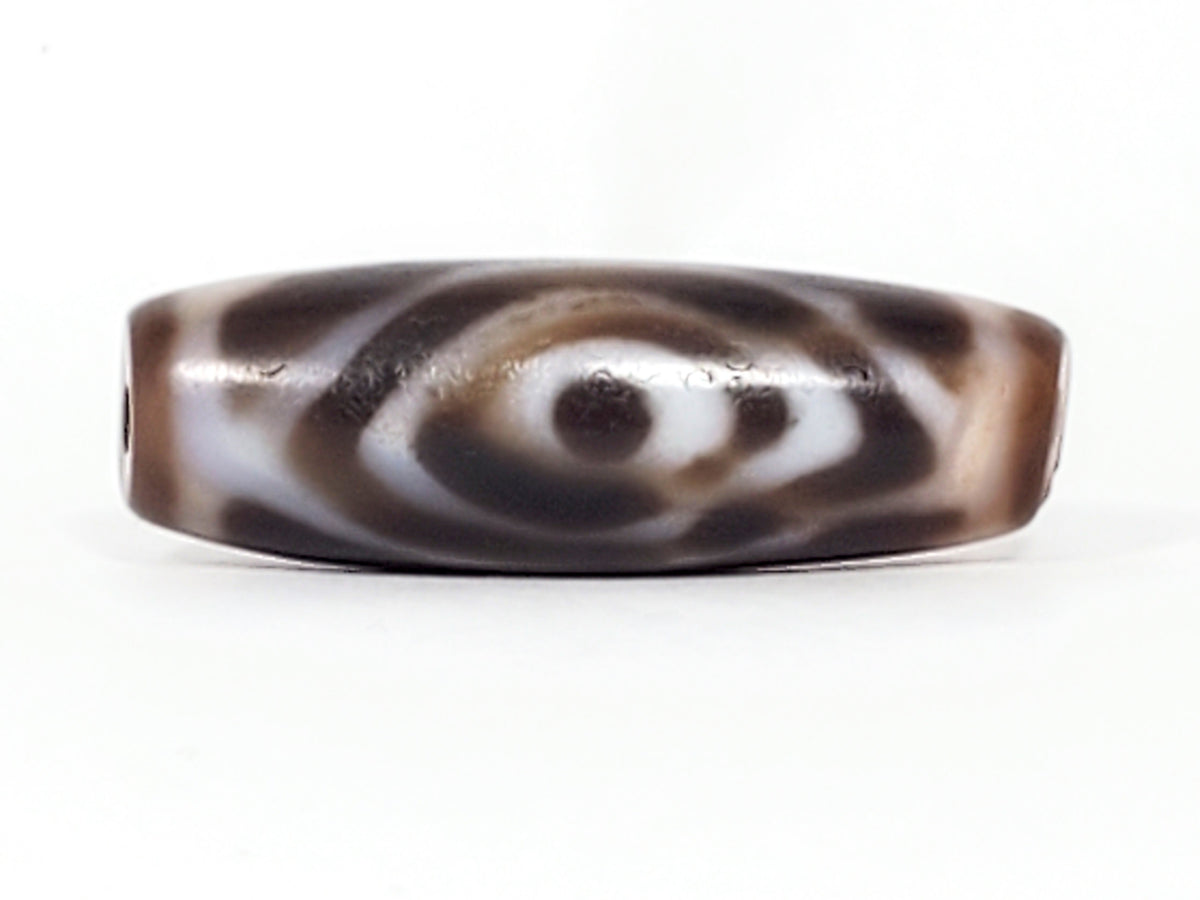 Ancient Tibetan dzi bead, double heaven's gate motif, dark brown agate, white eye pattern, bloodspots, visible drill hole, aged patina