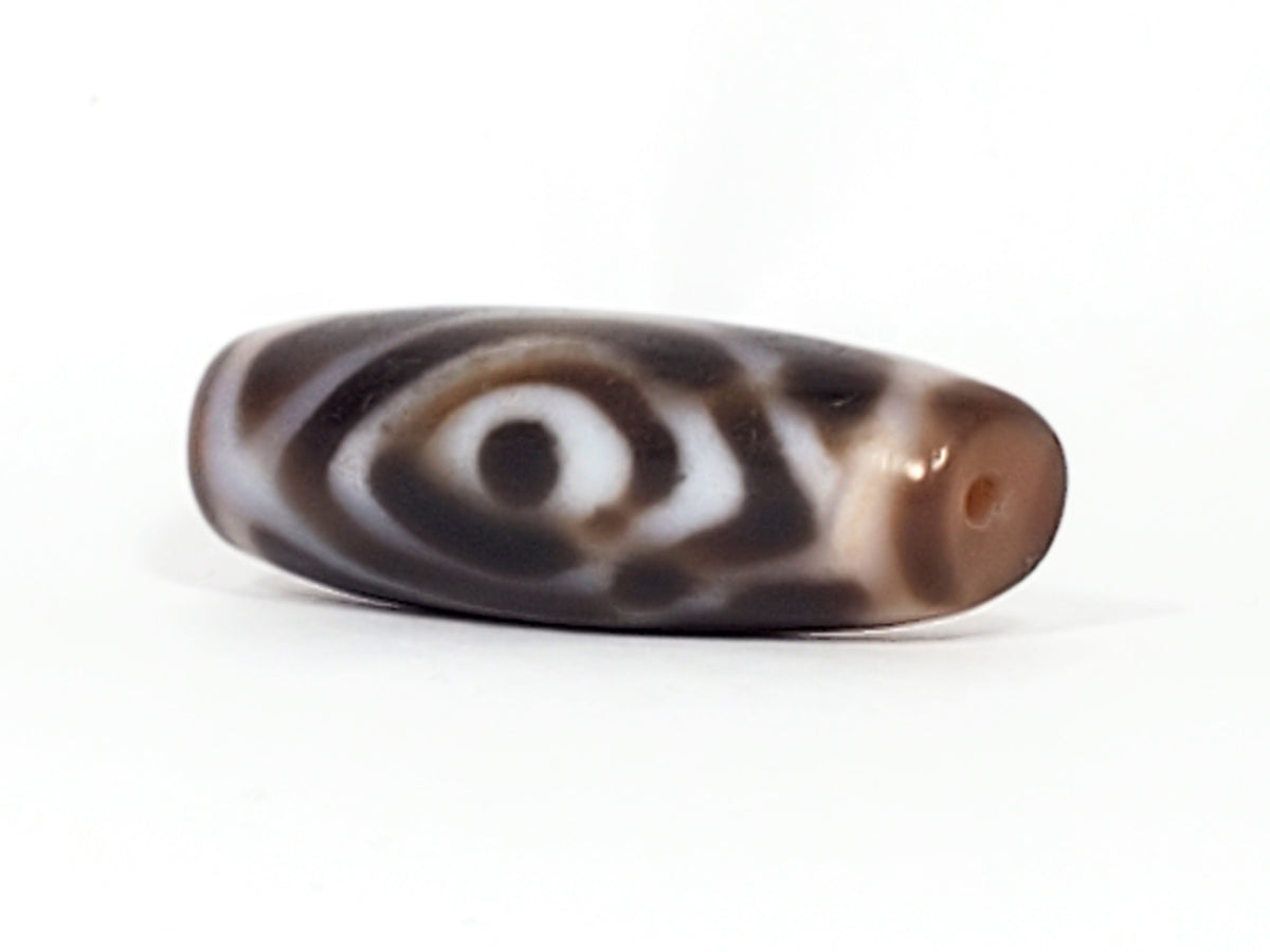 Ancient Tibetan dzi bead, double heaven's gate motif, dark brown agate, white eye pattern, bloodspots, visible drill hole, aged patina