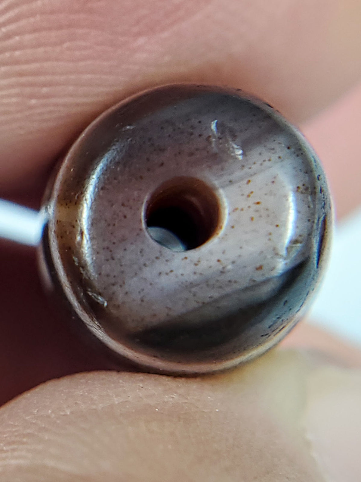 Ancient two diamond eye dzi — reverse face, complex white stripe web on dark ground, second diamond eye side, Anc-0426-2DE