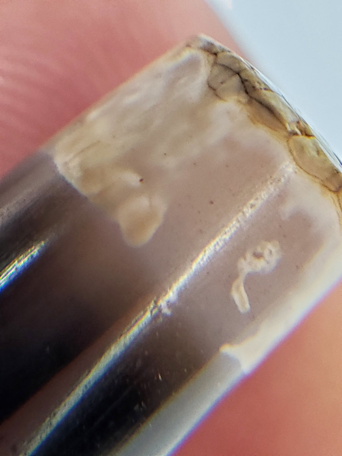Ac-061426-1SChungBS ancient Chung dzi, 31.4×9.6mm, Face A, pitch-black body, bright white/calcified ends, unretouched