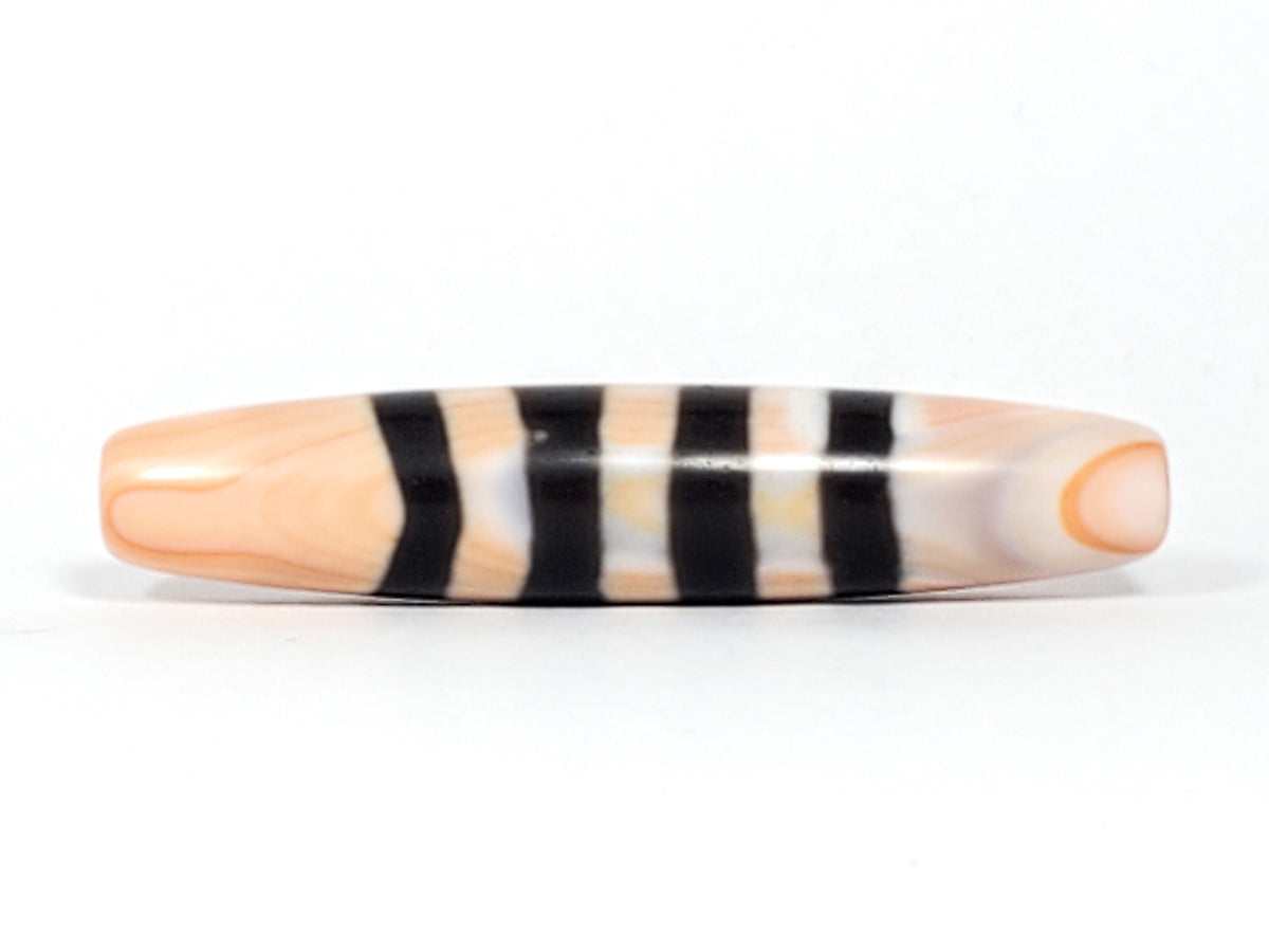 Antique Nepalese seven-stripe chung dzi bead, peach agate, black bands, bloodspot inclusions, polished surface