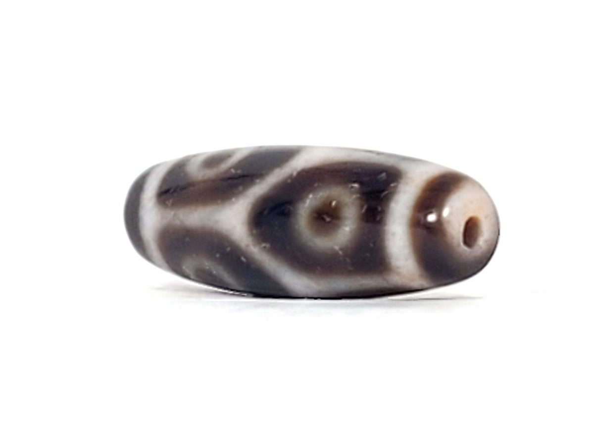 Antique Tibetan six-eye lotus dzi bead, dark agate with white swirl patterns, bloodspots, visible drill hole, aged patina