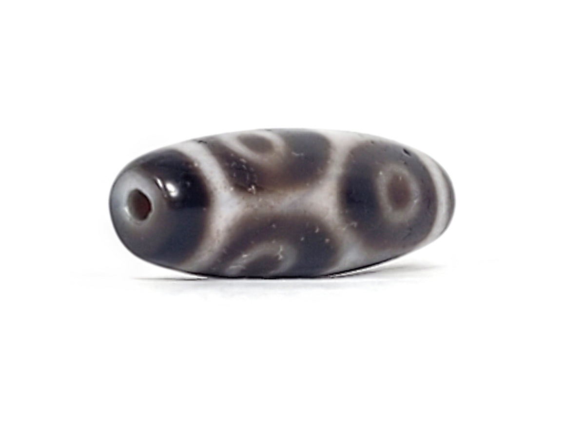 Antique Tibetan six-eye lotus dzi bead, dark agate, white eye motifs, visible drill hole, aged patina, bloodspots