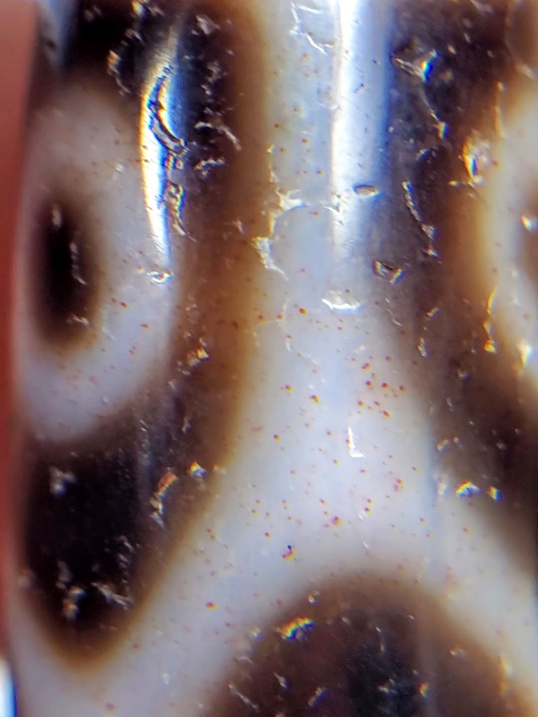 Antique Tibetan six-eye lotus dzi bead closeup showing white agate, dark eye motifs, brown patina, and red bloodspots