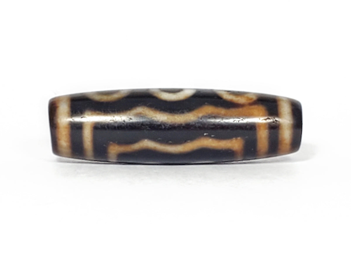 Antique five-eye dzi bead dark agate wave stripe motif bloodspots aged patina elongated barrel shape