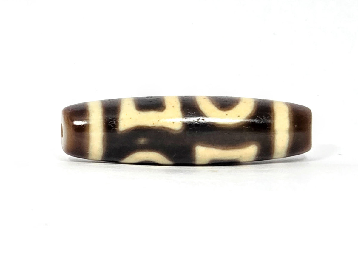 At-090425-DHE antique double heaven earth dzi very dark brown agate reverse face arch elements unretouched