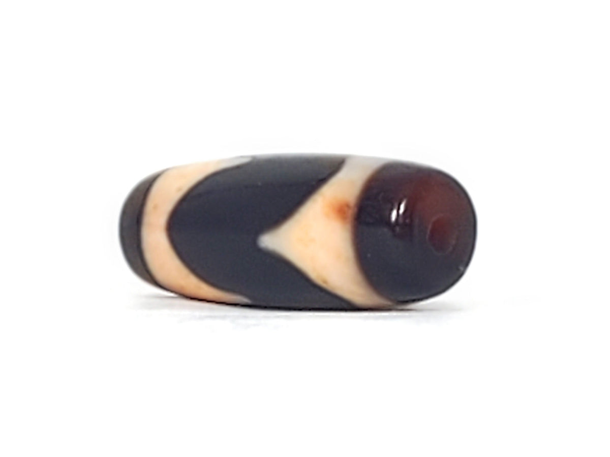 Three-quarter view of antique Tasso dzi At-092924-TaBS2, deep wine-brown end cap with drill hole, Tasso wave forms on pitch-black agate body, bloodspot in cream zone, unretouched