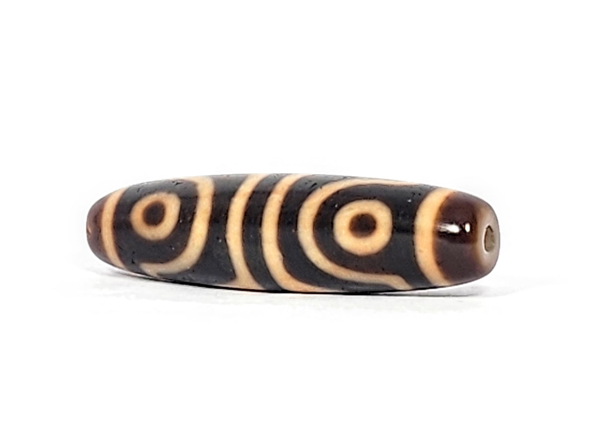 Antique Tibetan four-eye tiger tooth dzi bead, dark agate, cream eye motifs, visible drill hole, aged patina surface