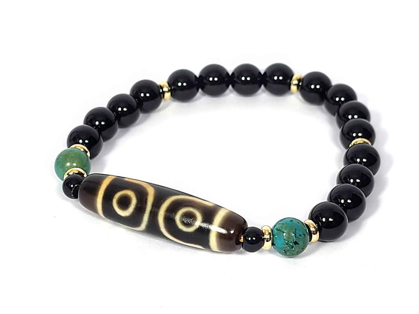 Full bracelet, Face B two eye face forward (white background): N-060726-3E-BR three eye dzi bracelet Face B, two eye rings visible, black agate & turquoise, unretouched
(104 chars ✅)