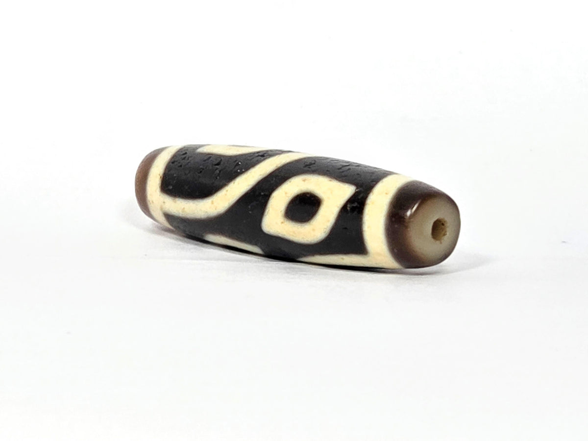 Four Eye Dzi Bead, dark brown and cream agate, 40.2mm, natural striped pattern with drilled holes