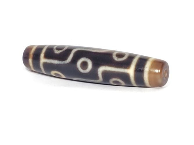 Nine-eye dzi bead, two-tone brown agate with cream patterns, drilled ends, 58.2mm length