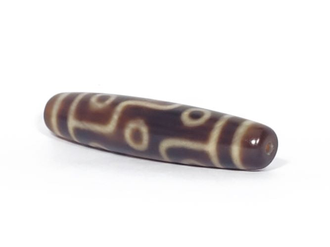 Nine-eye dzi bead, brown agate with tan geometric patterns, drilled ends, polished surface