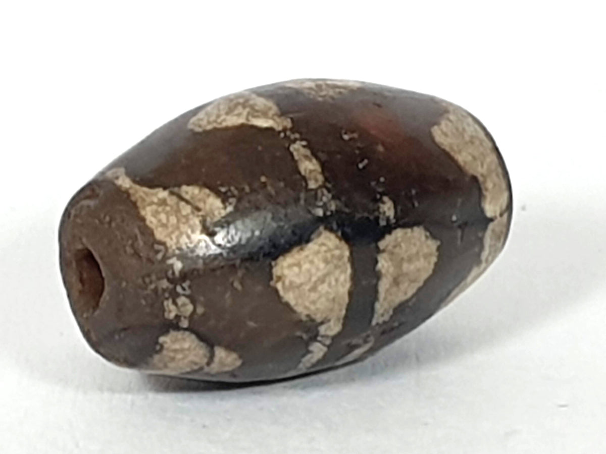 Antique double wave dzi — opposite angled end, drill hole at dark left tip, weathered cream wave zones on body, At-0426-DW2