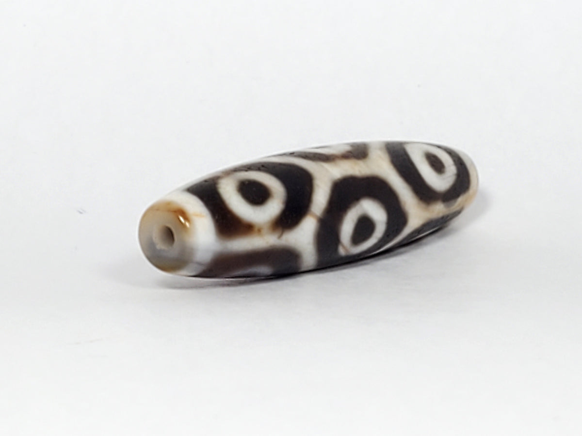 Antique nine-eye dzi bead, dark brown agate, white eye motifs, lotus pattern, visible drill hole, aged patina surface