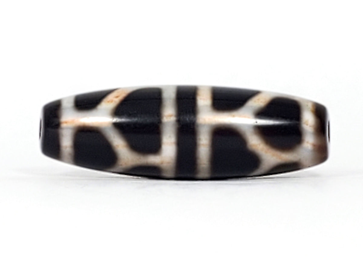 Double longevity dzi bead, pitch-black agate, white grid pattern, bloodspots, aged patina, visible drill holes, 38.6mm oval
