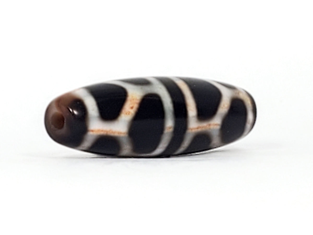 Double longevity dzi bead, pitch-black agate, white stripe motif, bloodspots, aged patina, visible drill hole, 38.6mm oval