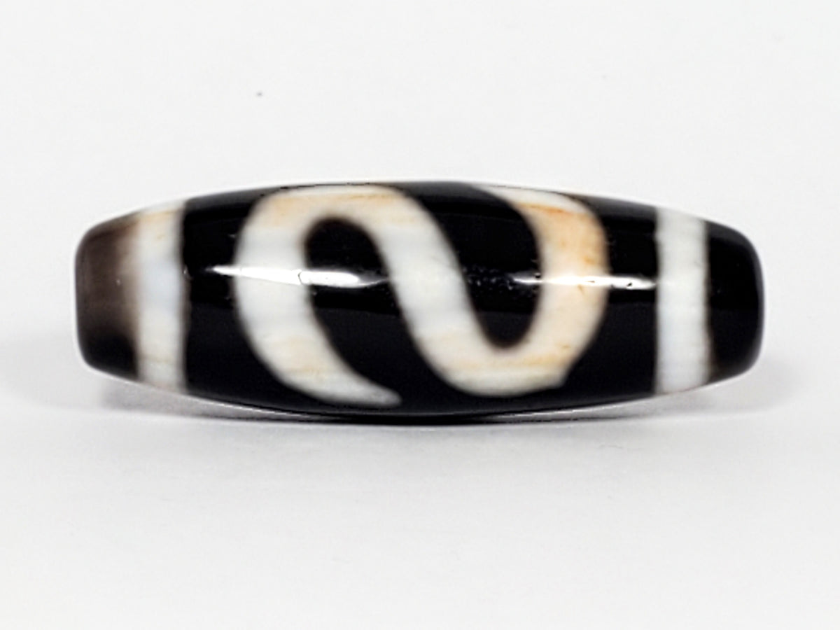 Vintage Money Hook Motif Dzi Bead with black and white agate stripes and natural patina