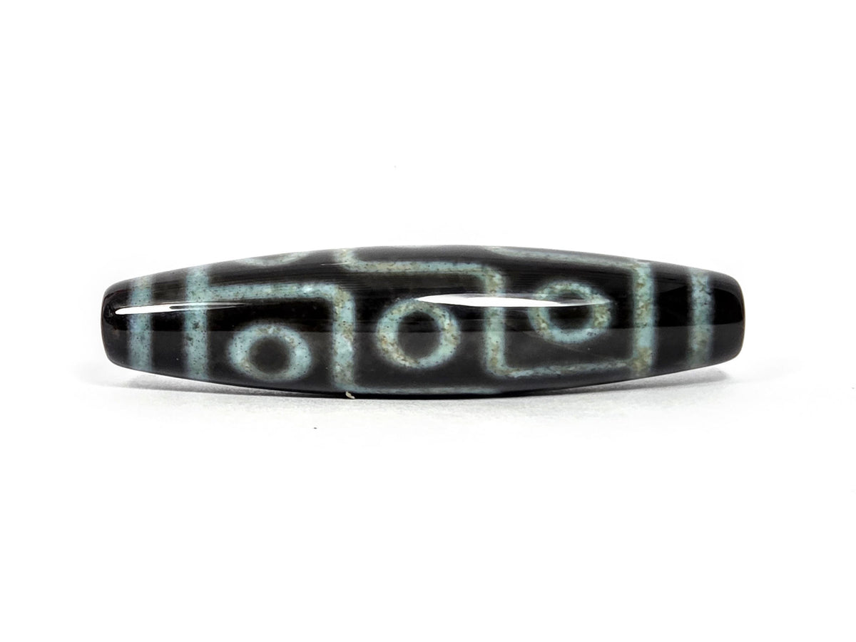 Nine Eye Dzi Bead with Bloodspots, 60.4×14.5mm, Pitch-Black Agate, Blue-Grey Etching (N-082326-9EBS2)