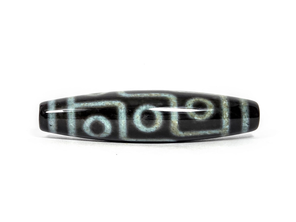 Nine Eye Dzi Bead with Bloodspots, 60.4×14.5mm, Pitch-Black Agate, Blue-Grey Etching (N-082326-9EBS2)