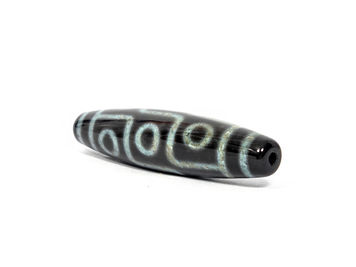 Nine Eye Dzi Bead with Bloodspots, 60.4×14.5mm, Pitch-Black Agate, Blue-Grey Etching (N-082326-9EBS2)