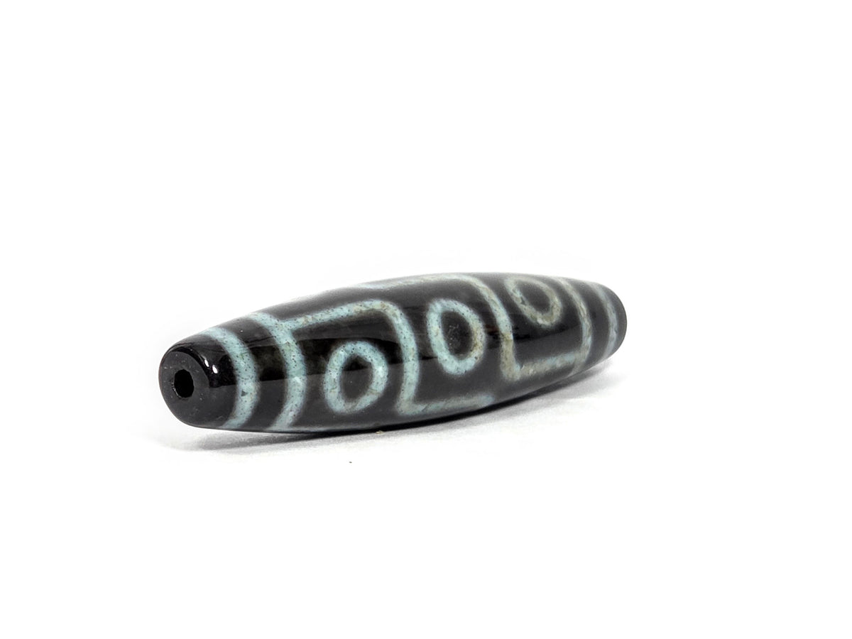 Nine Eye Dzi Bead with Bloodspots, 60.4×14.5mm, Pitch-Black Agate, Blue-Grey Etching (N-082326-9EBS2)