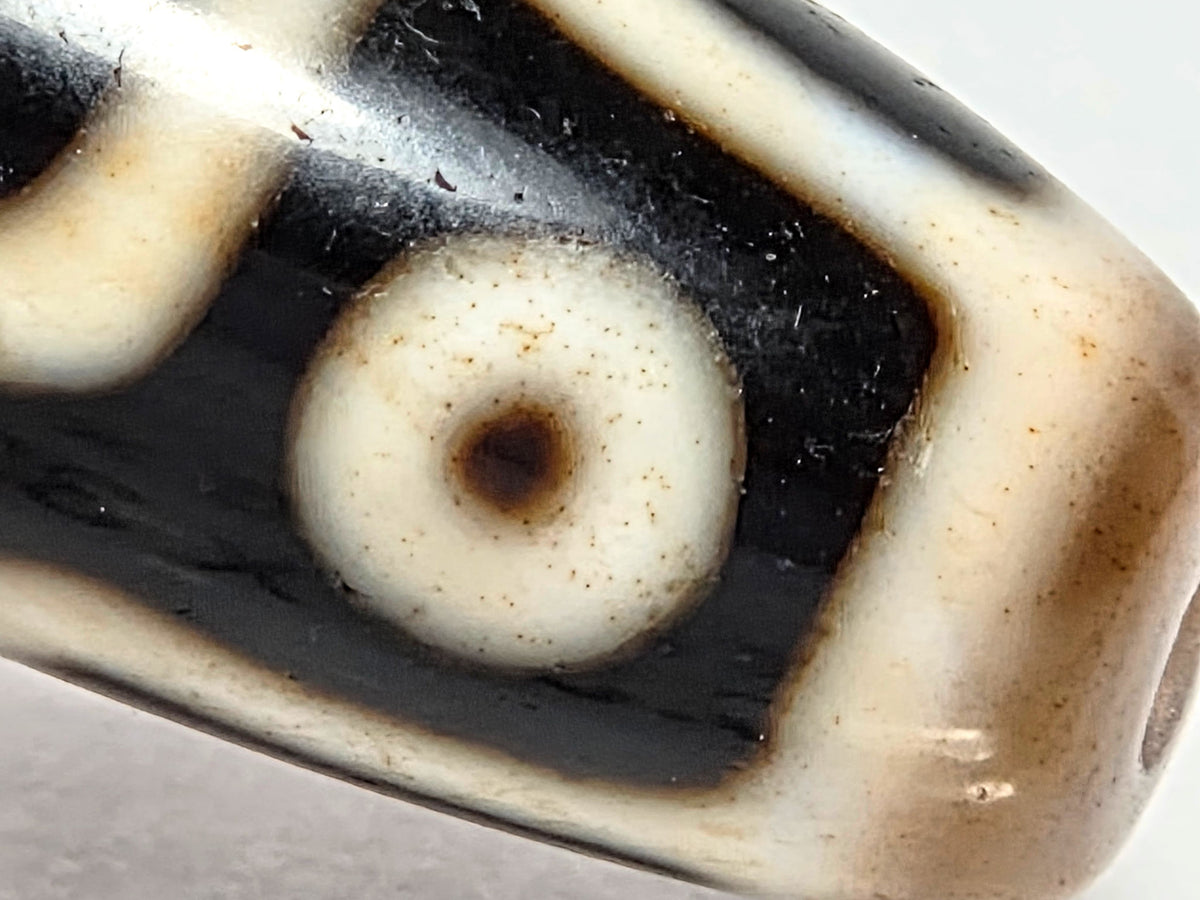 Nine-eye dzi bead in pitch-black and brown agate with natural bloodspot pattern and visible drill hole