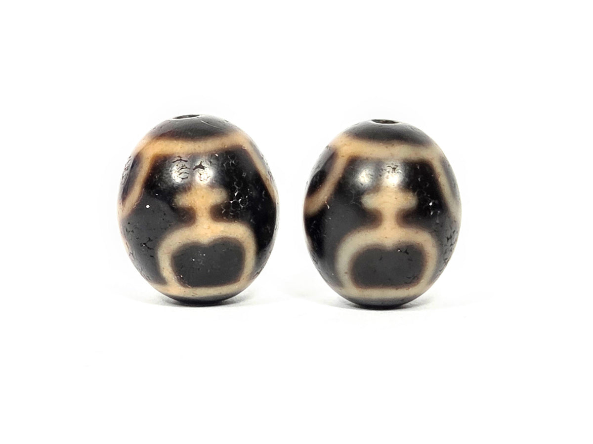 Vintage round treasure vase dzi bead pair, dark agate with cream and black patterning, 20.5mm, Taiwan