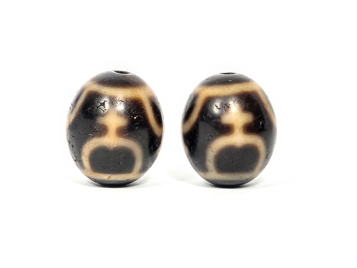 Vintage round treasure vase dzi bead pair, dark agate with cream striping, 20.5-20.9mm, Taiwan