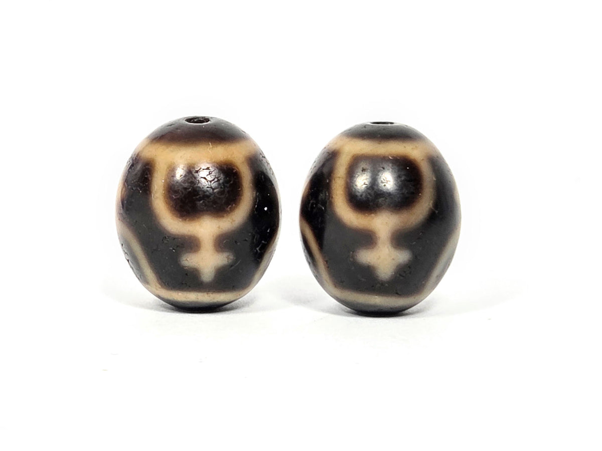 Vintage round treasure vase dzi bead pair, dark agate with tan eye motifs, 20.5-20.9mm, drilled