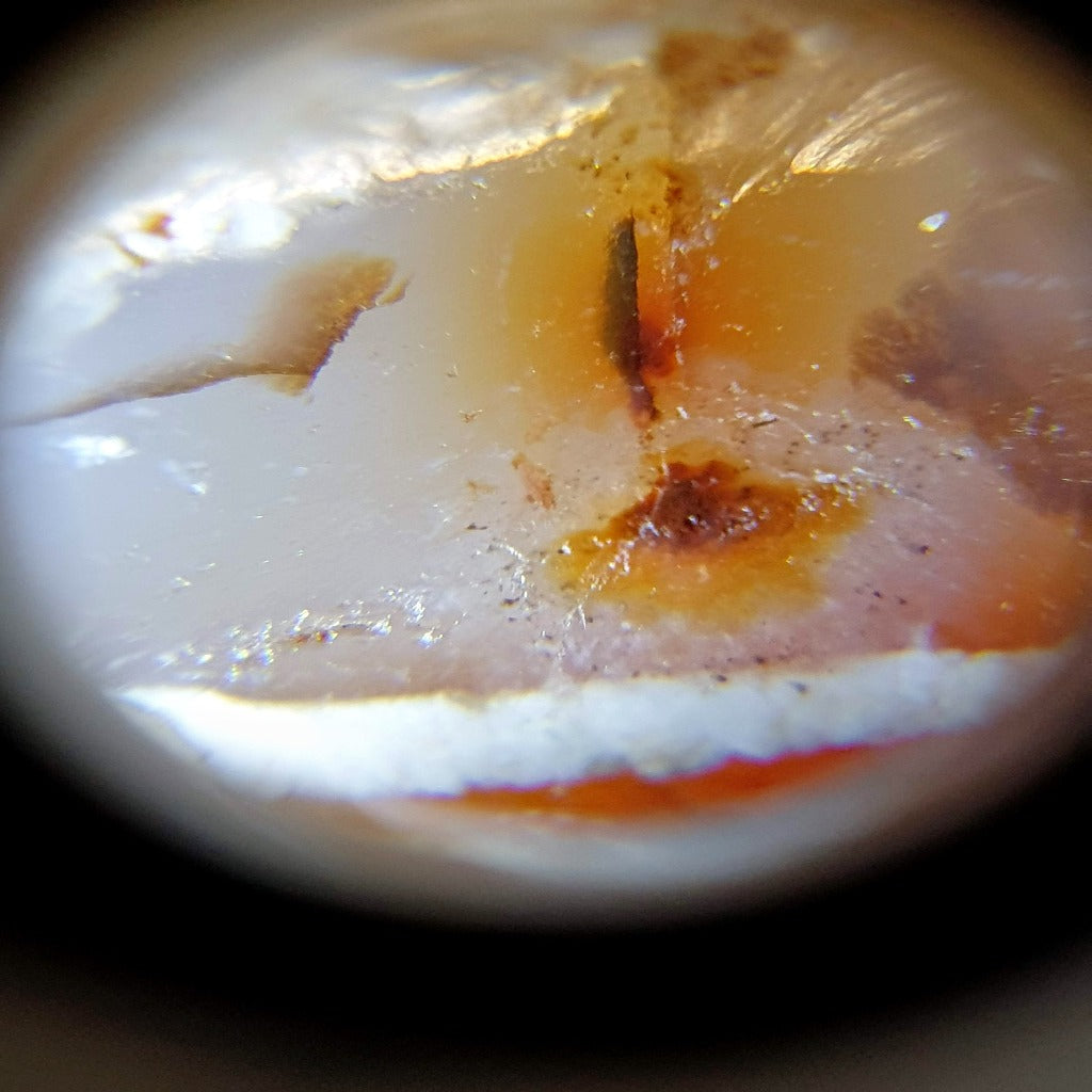 ancient Dzi bead made from Carnelian, showcasing a unique and highly sought-after Four Diamond Eye-In-Eye & Wave motif. This bead is exceptionally rare, adding to its collectability and value. The intricate design combines protective symbolism with the fluidity and power of waves, making it a remarkable piece of ancient craftsmanship and spiritual significance."