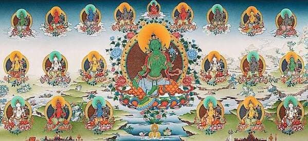 Twenty-One Taras thangka painting, Green Tara at center surrounded by all 21 forms including White Tara, Blue Tara, Black Tara, Yellow Tara and Red Tara, Ancient Dzi Shop