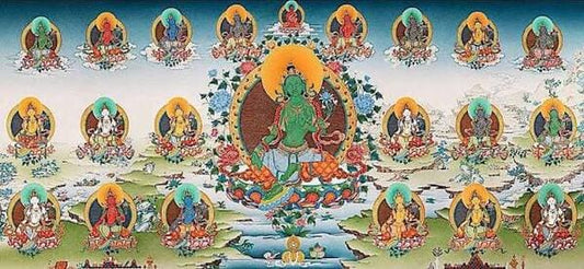 Twenty-One Taras thangka painting, Green Tara at center surrounded by all 21 forms including White Tara, Blue Tara, Black Tara, Yellow Tara and Red Tara, Ancient Dzi Shop