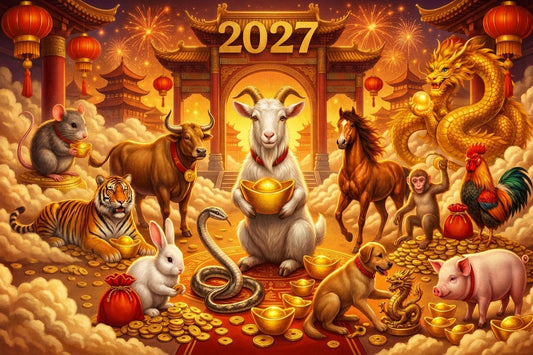 All 12 Chinese zodiac animals 2027 with Tibetan dzi bead guide — rat, ox, tiger, rabbit, dragon, snake, horse, goat, monkey, rooster, dog, pig with gold ingots and red lanterns — ancientdzishop.com