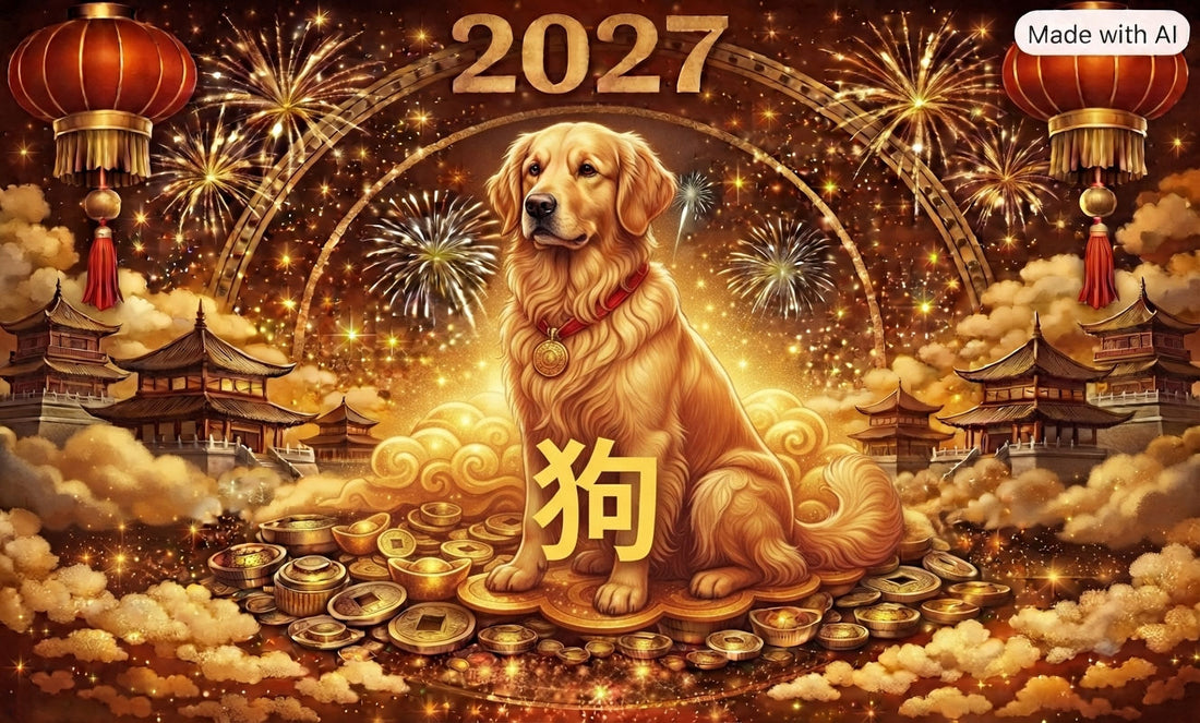 2027 Year of the Dog Tibetan dzi bead guide — golden retriever dog with Chinese zodiac character 狗, gold coins and red lanterns, ancientdzishop.com