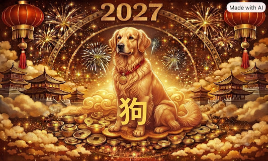 2027 Year of the Dog Tibetan dzi bead guide — golden retriever dog with Chinese zodiac character 狗, gold coins and red lanterns, ancientdzishop.com