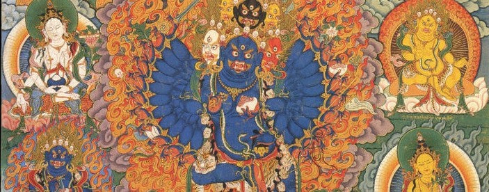 Blue Tara Ekajati thangka painting, Tibetan Buddhist fierce protector deity in deep sapphire blue seated on lotus, guardian of Dzogchen and the Vajrayana teachings, Ancient Dzi Shop