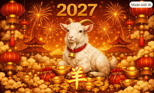 2027 Year of the Goat Tibetan dzi bead guide — white goat with bell collar and Chinese zodiac character 羊 amid gold ingots and red lanterns, ancientdzishop.com