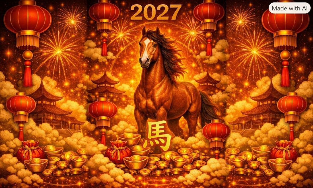 2027 Year of the Horse Tibetan dzi bead guide — chestnut stallion with Chinese zodiac character 馬, gold ingots and red fortune bags, ancientdzishop.com