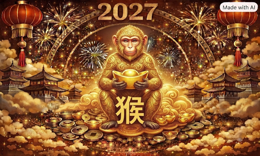 2027 Year of the Monkey Tibetan dzi bead guide — golden monkey holding gold ingot with Chinese zodiac character 猴, red lanterns and fireworks, ancientdzishop.com