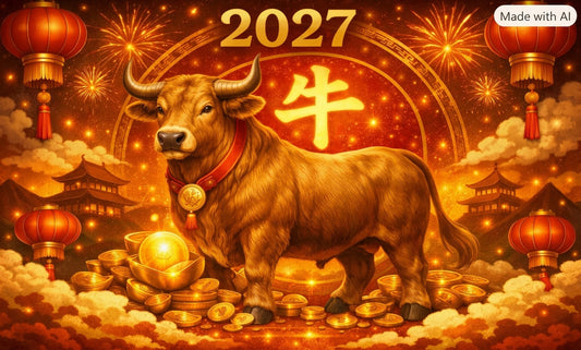 2027 Year of the Ox Tibetan dzi bead guide — powerful brown ox wearing gold medallion with Chinese zodiac character 牛 and gold ingots, ancientdzishop.com